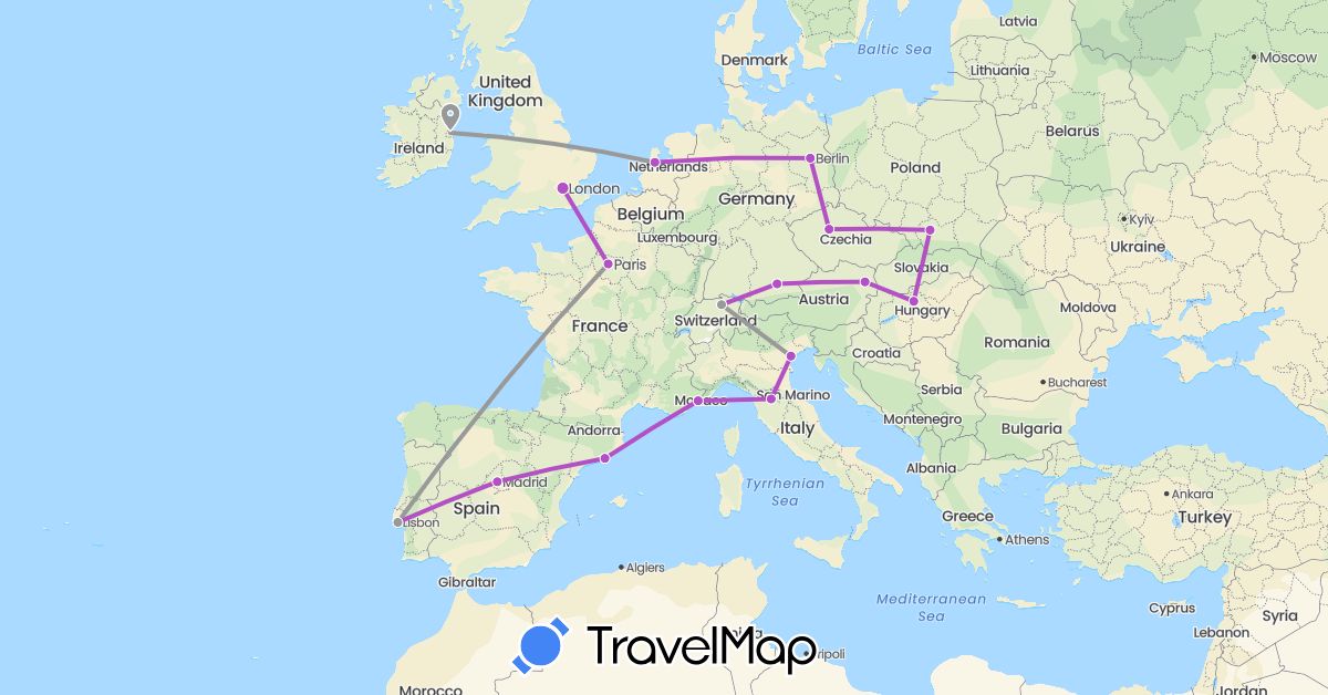 TravelMap itinerary: driving, plane, train in Austria, Switzerland, Czech Republic, Germany, Spain, France, United Kingdom, Hungary, Ireland, Italy, Netherlands, Poland, Portugal (Europe)